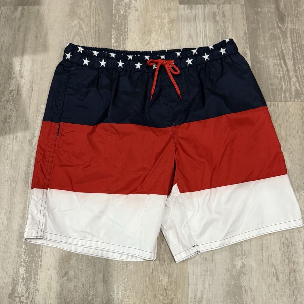 Dream Wave Men's Size L USA Flag Swim Trunks Red White Blue‎ Patriotic UPF 50+